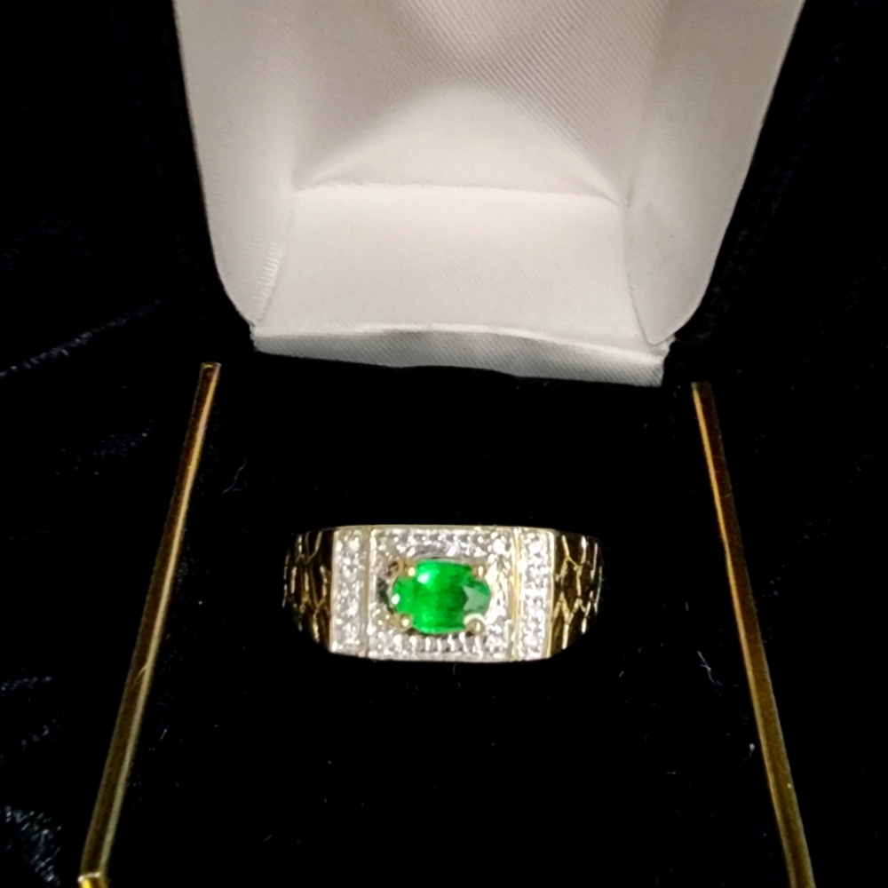 10K Gold Tsavorite Garnet & White Sapphire Men's ring - Picture 2 of 7